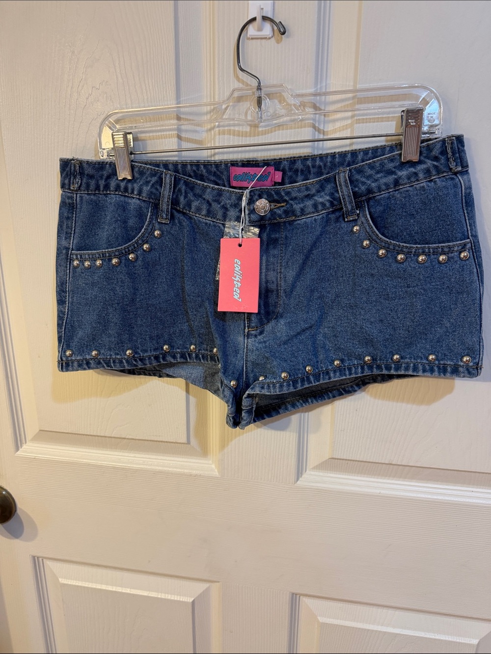 Edikted Grommet & Stud Denim Micro Shorts Sz L.  New. Box55
